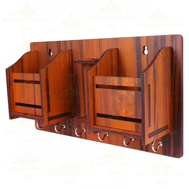Wooden Key Holder & Charging Station – 8 Hooks, Brown