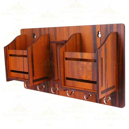 Wooden Key Holder & Charging Station – 8 Hooks, Brown